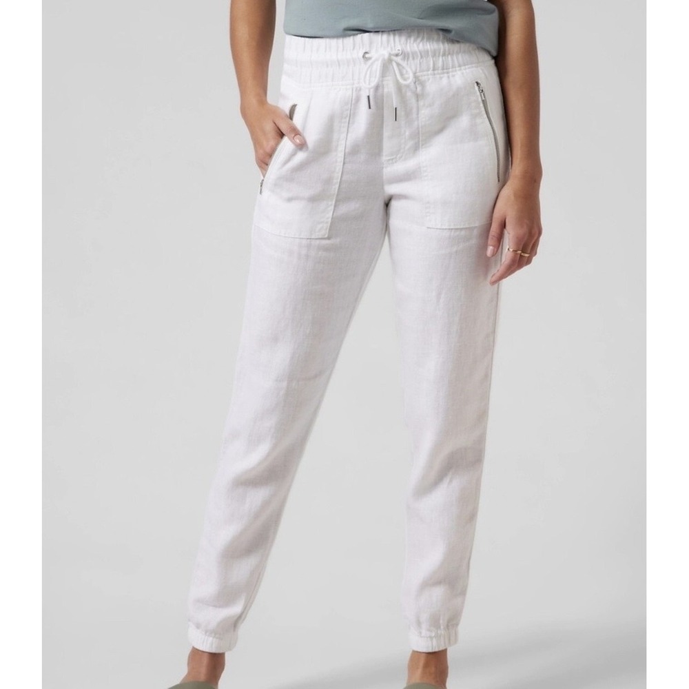 Athleta Cabo Linen Jogger Women 12P White Lounge Travel Breathable Pockets